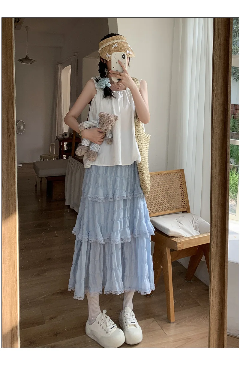 Sweet Lace Ruffles Long Skirt Women Summer Cute Puff Cake A Line Skirt Woman Korean Style High Waist White Chiffon Tulle Skirt