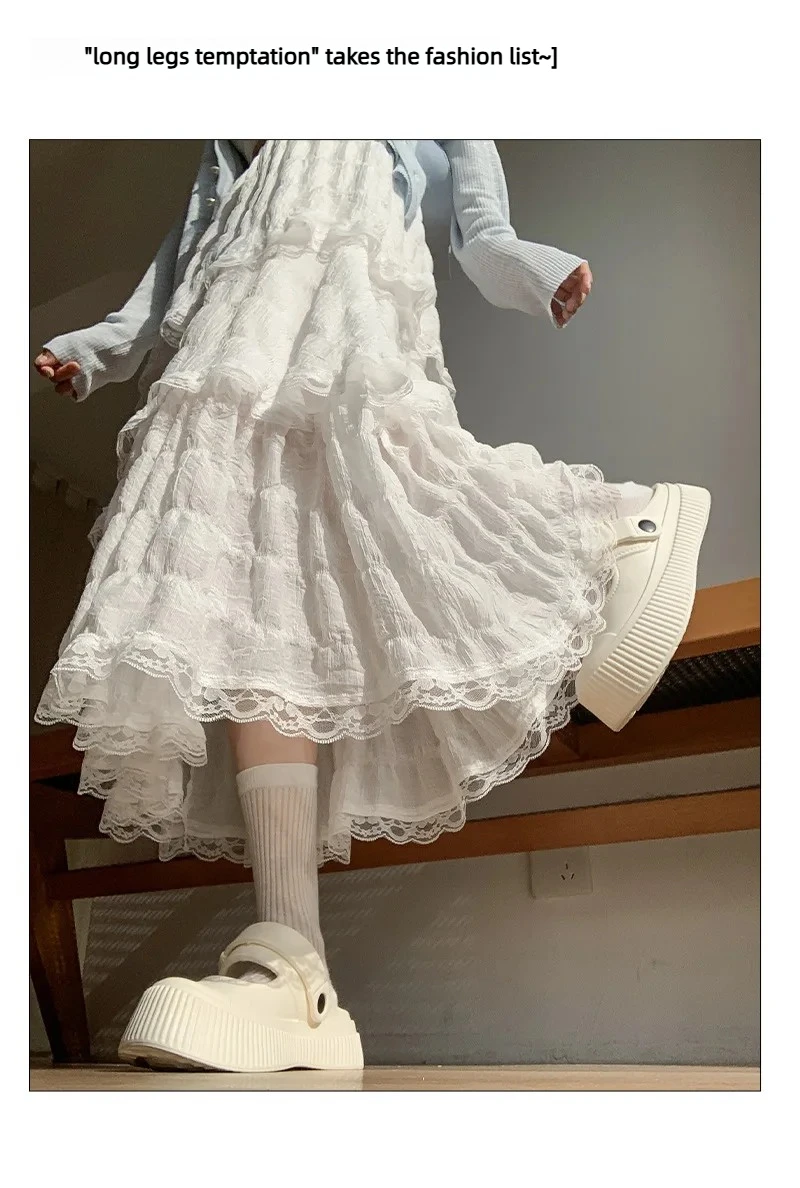Sweet Lace Ruffles Long Skirt Women Summer Cute Puff Cake A Line Skirt Woman Korean Style High Waist White Chiffon Tulle Skirt