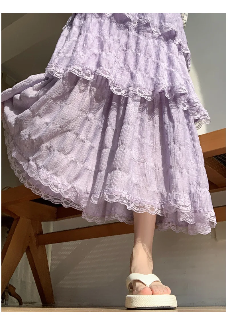 Sweet Lace Ruffles Long Skirt Women Summer Cute Puff Cake A Line Skirt Woman Korean Style High Waist White Chiffon Tulle Skirt