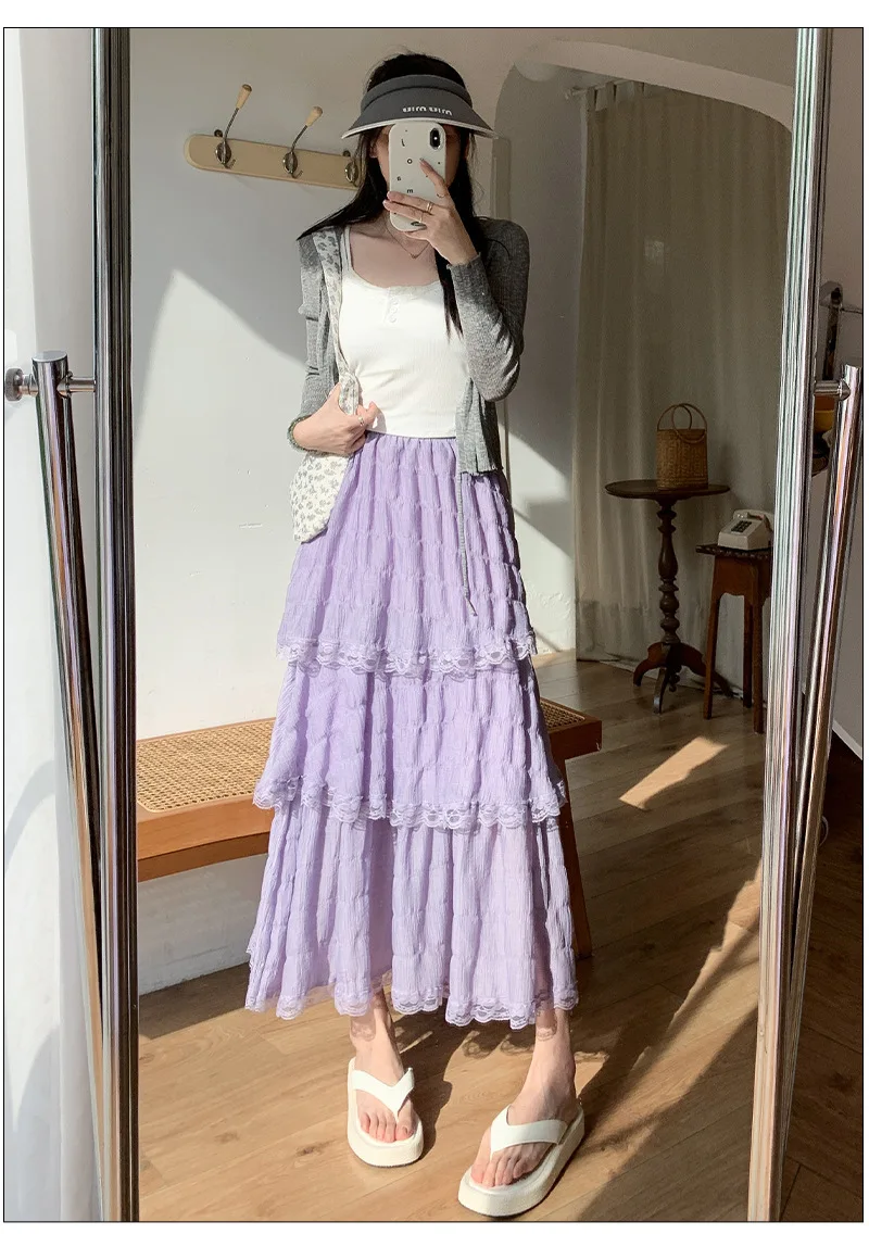 Sweet Lace Ruffles Long Skirt Women Summer Cute Puff Cake A Line Skirt Woman Korean Style High Waist White Chiffon Tulle Skirt