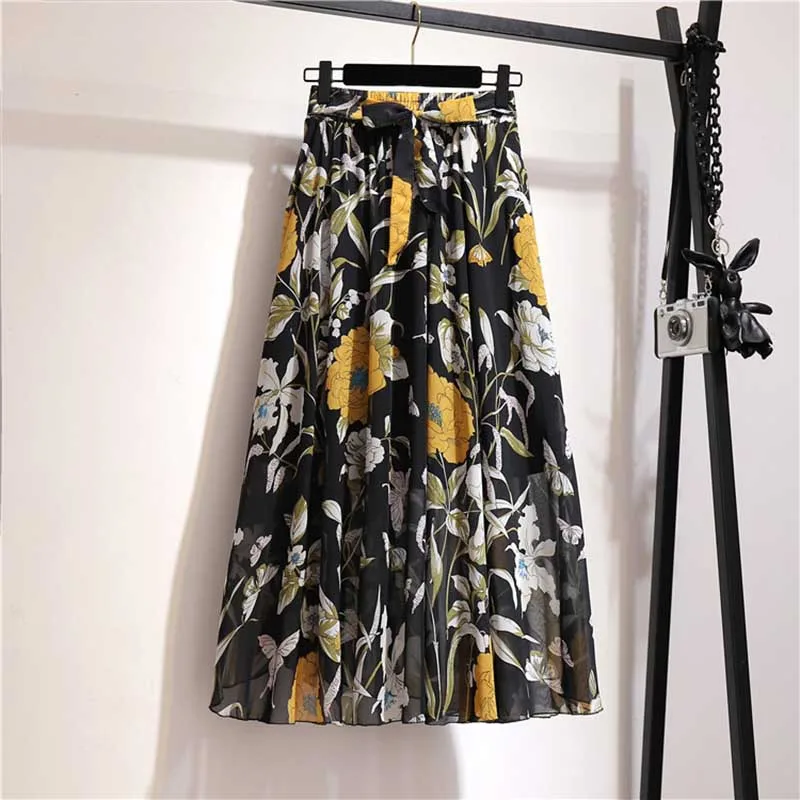Long Skirt Women For Spring Summer Lady Korean Style White Black Chiffon Sun School High Waist Midi Skirt Female