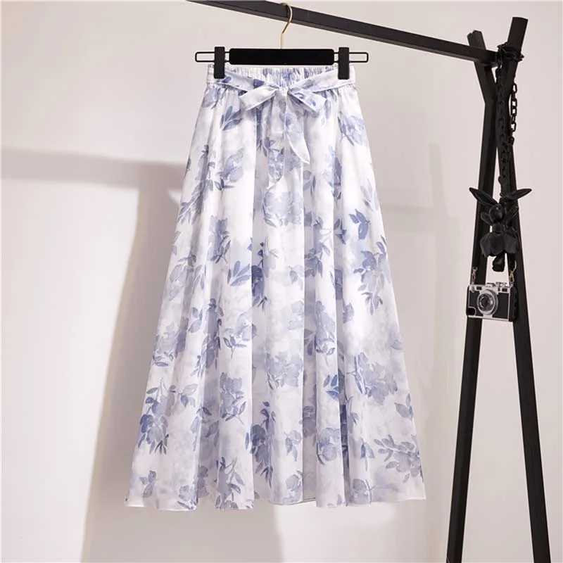 Long Skirt Women For Spring Summer Lady Korean Style White Black Chiffon Sun School High Waist Midi Skirt Female