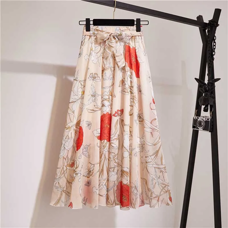 Long Skirt Women For Spring Summer Lady Korean Style White Black Chiffon Sun School High Waist Midi Skirt Female