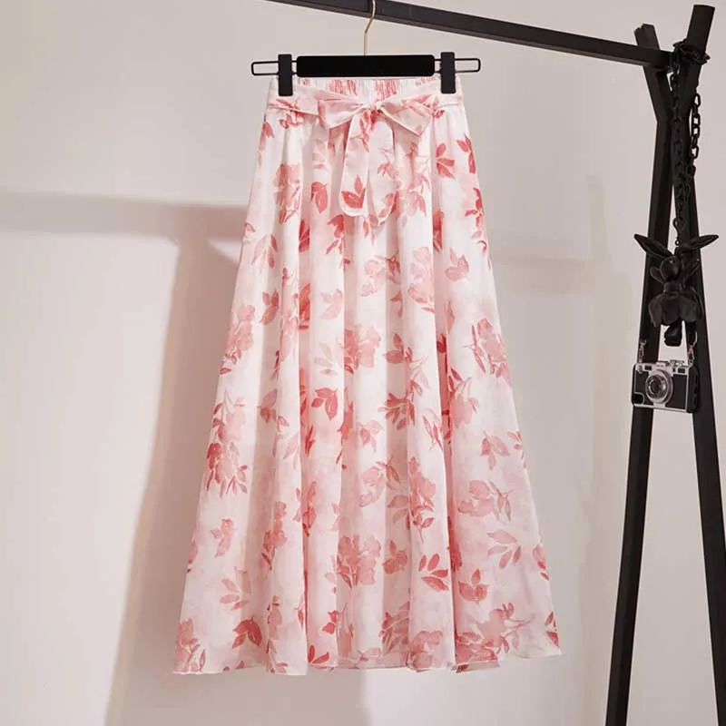 Long Skirt Women For Spring Summer Lady Korean Style White Black Chiffon Sun School High Waist Midi Skirt Female
