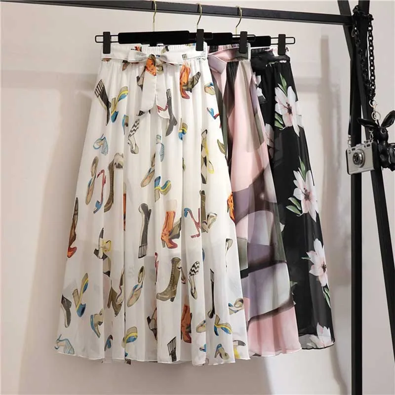 Long Skirt Women For Spring Summer Lady Korean Style White Black Chiffon Sun School High Waist Midi Skirt Female