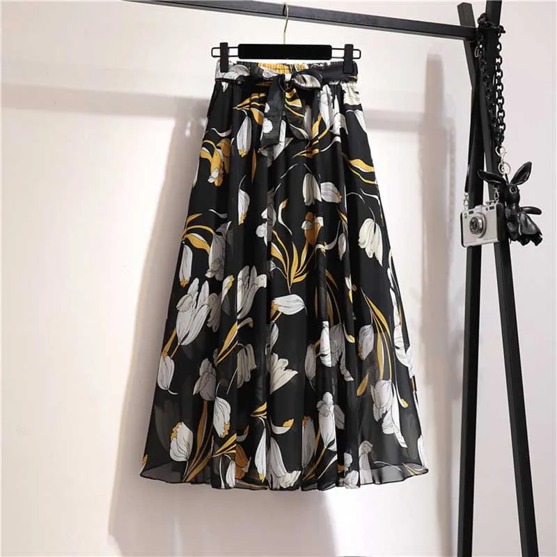Long Skirt Women For Spring Summer Lady Korean Style White Black Chiffon Sun School High Waist Midi Skirt Female