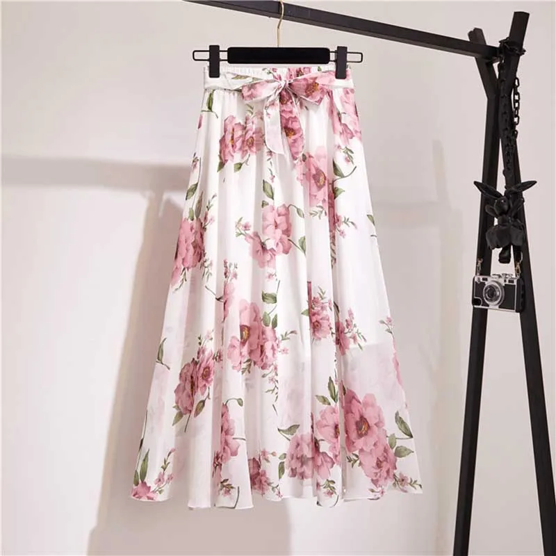 Long Skirt Women For Spring Summer Lady Korean Style White Black Chiffon Sun School High Waist Midi Skirt Female