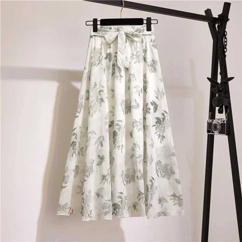 Long Skirt Women For Spring Summer Lady Korean Style White Black Chiffon Sun School High Waist Midi Skirt Female