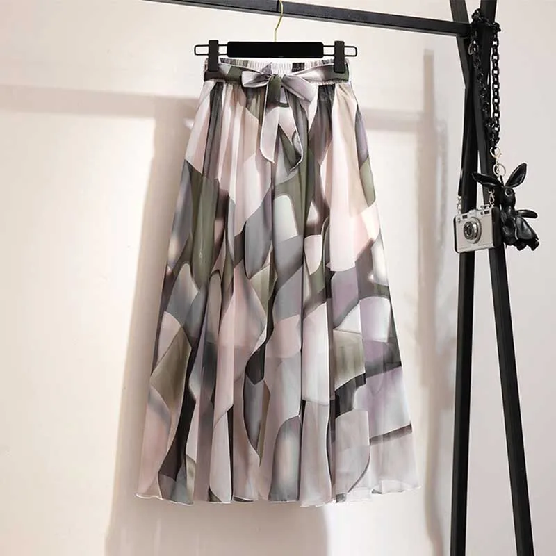Long Skirt Women For Spring Summer Lady Korean Style White Black Chiffon Sun School High Waist Midi Skirt Female