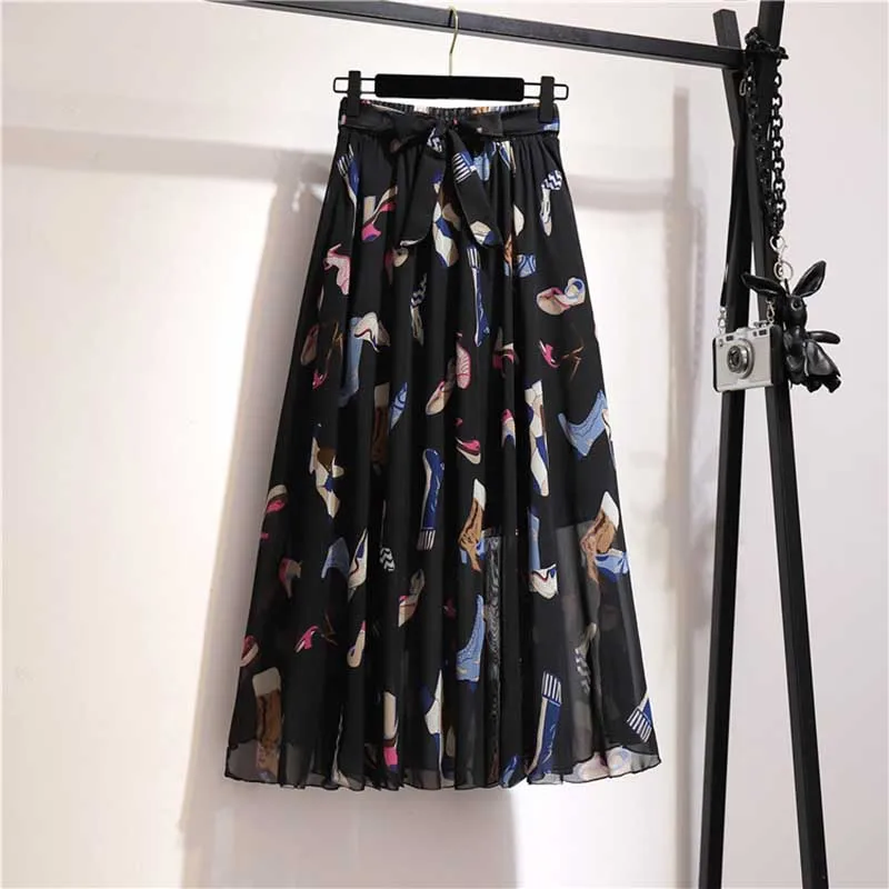 Long Skirt Women For Spring Summer Lady Korean Style White Black Chiffon Sun School High Waist Midi Skirt Female