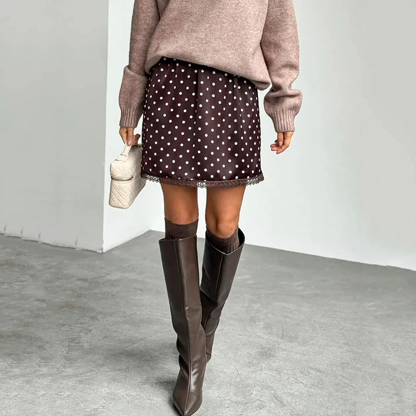 Linad Street Chic Polka Dot Lace Skirts Spriing Vintage Satin Mini Skirt 2026 Fashion High Waist A Line Short Skirts For Woman