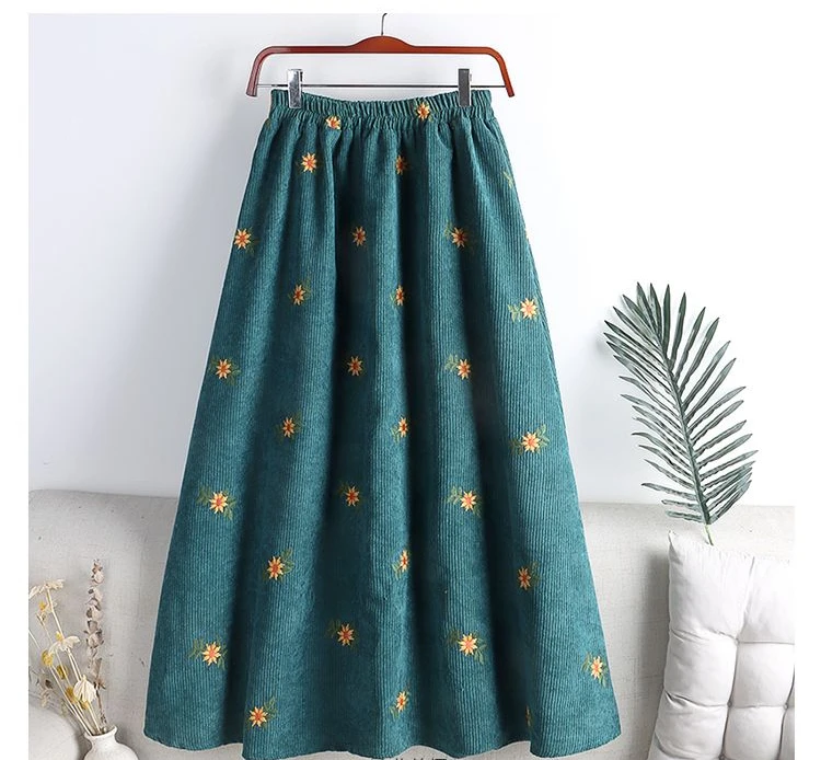 Corduroy Embroidery Women's Skirts Autumn Winter New Arrival Floral Skirts Female High Waist Slimming Mid-calf Skirt for Woman