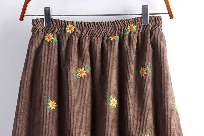 Corduroy Embroidery Women's Skirts Autumn Winter New Arrival Floral Skirts Female High Waist Slimming Mid-calf Skirt for Woman