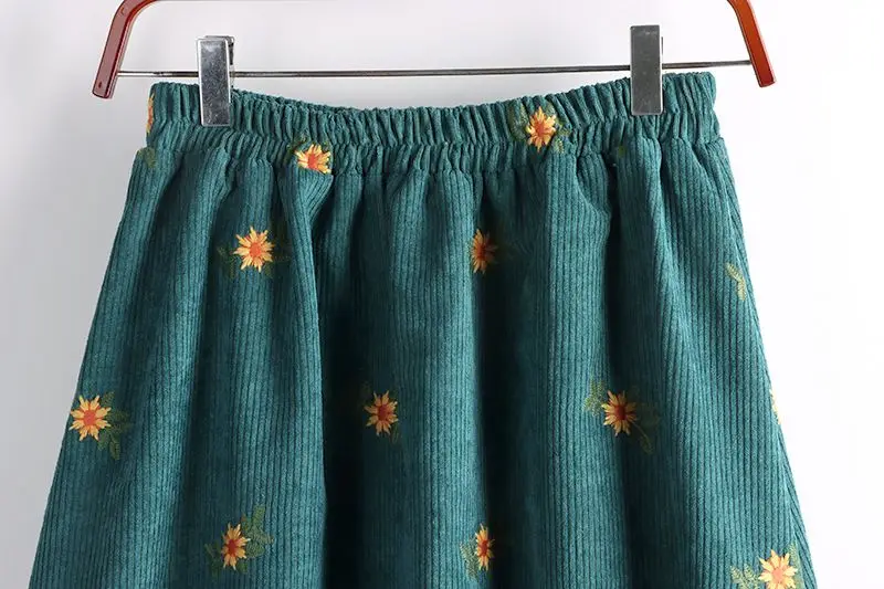 Corduroy Embroidery Women's Skirts Autumn Winter New Arrival Floral Skirts Female High Waist Slimming Mid-calf Skirt for Woman
