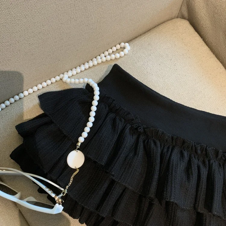 Sweet Puffy White Mini Skirt for Women Korean Harajuku Style Ruched Ruffle Skirts Woman Casual Campus Elastic Waist A-line Skirt