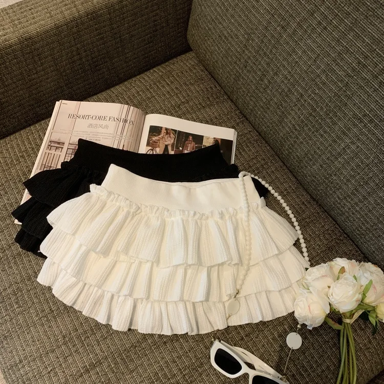 Sweet Puffy White Mini Skirt for Women Korean Harajuku Style Ruched Ruffle Skirts Woman Casual Campus Elastic Waist A-line Skirt