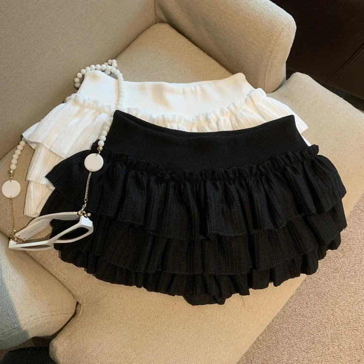 Sweet Puffy White Mini Skirt for Women Korean Harajuku Style Ruched Ruffle Skirts Woman Casual Campus Elastic Waist A-line Skirt