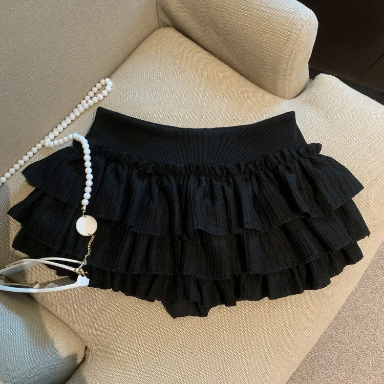 Sweet Puffy White Mini Skirt for Women Korean Harajuku Style Ruched Ruffle Skirts Woman Casual Campus Elastic Waist A-line Skirt