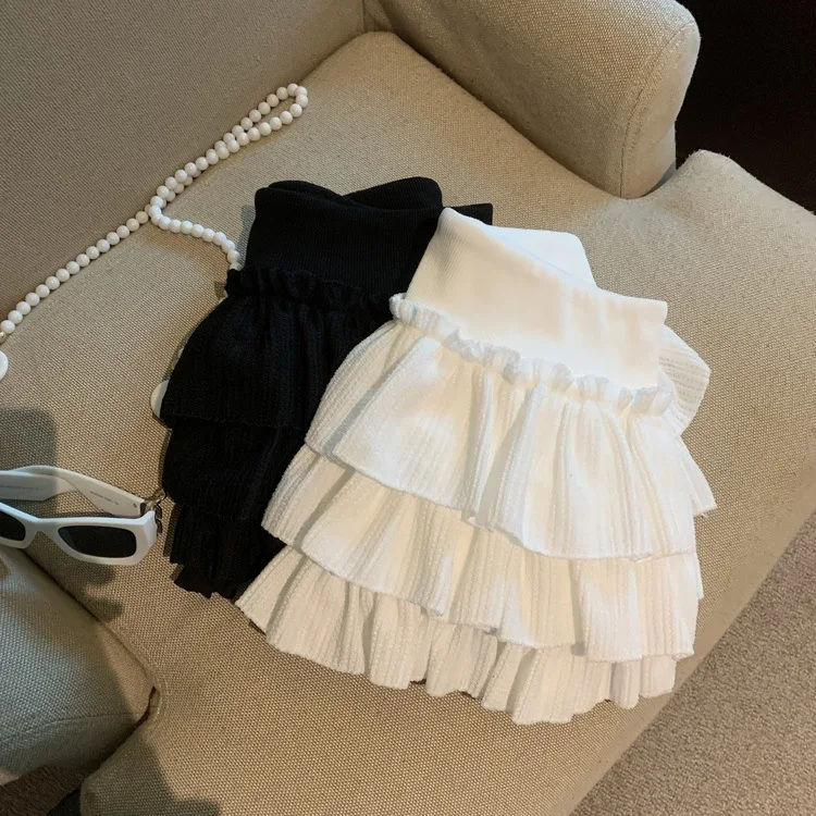 Sweet Puffy White Mini Skirt for Women Korean Harajuku Style Ruched Ruffle Skirts Woman Casual Campus Elastic Waist A-line Skirt