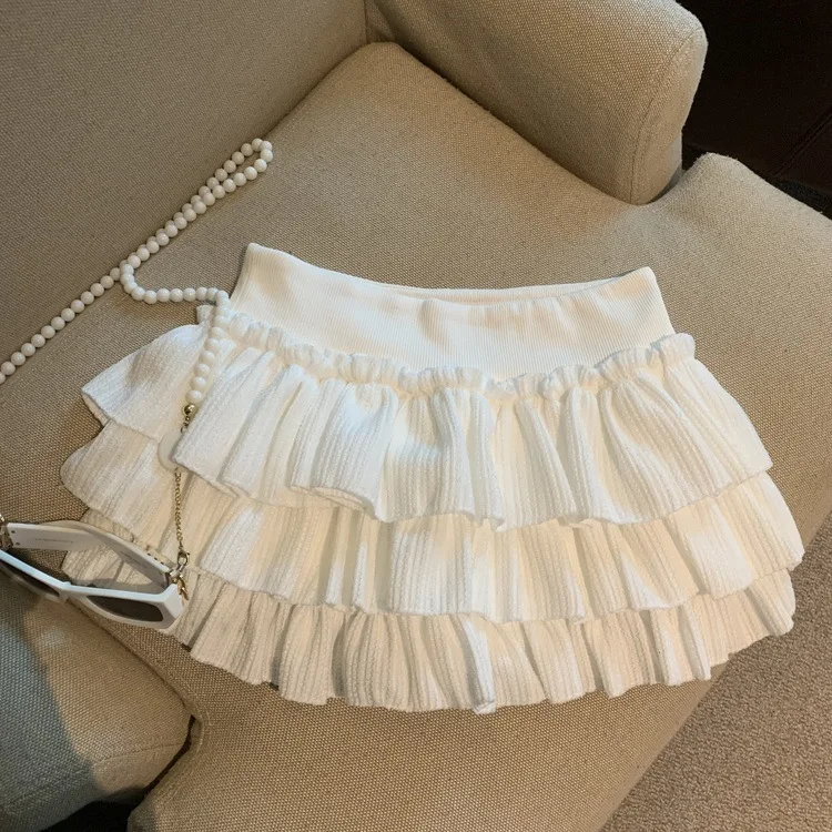Sweet Puffy White Mini Skirt for Women Korean Harajuku Style Ruched Ruffle Skirts Woman Casual Campus Elastic Waist A-line Skirt