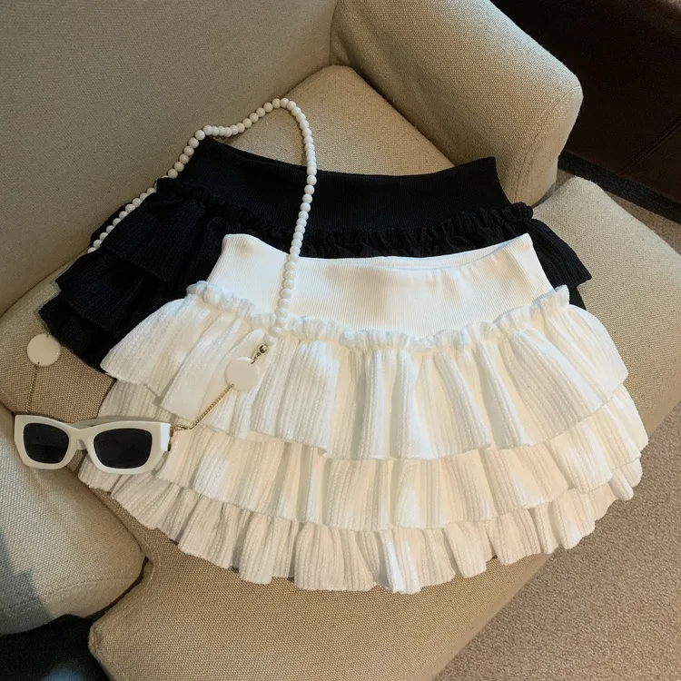 Sweet Puffy White Mini Skirt for Women Korean Harajuku Style Ruched Ruffle Skirts Woman Casual Campus Elastic Waist A-line Skirt