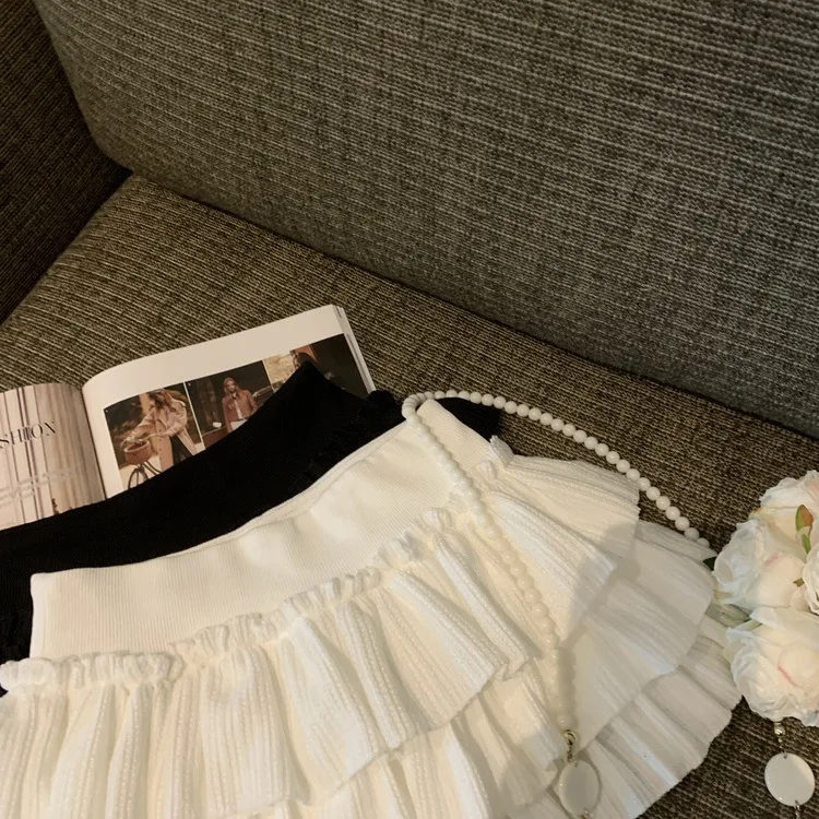 Sweet Puffy White Mini Skirt for Women Korean Harajuku Style Ruched Ruffle Skirts Woman Casual Campus Elastic Waist A-line Skirt