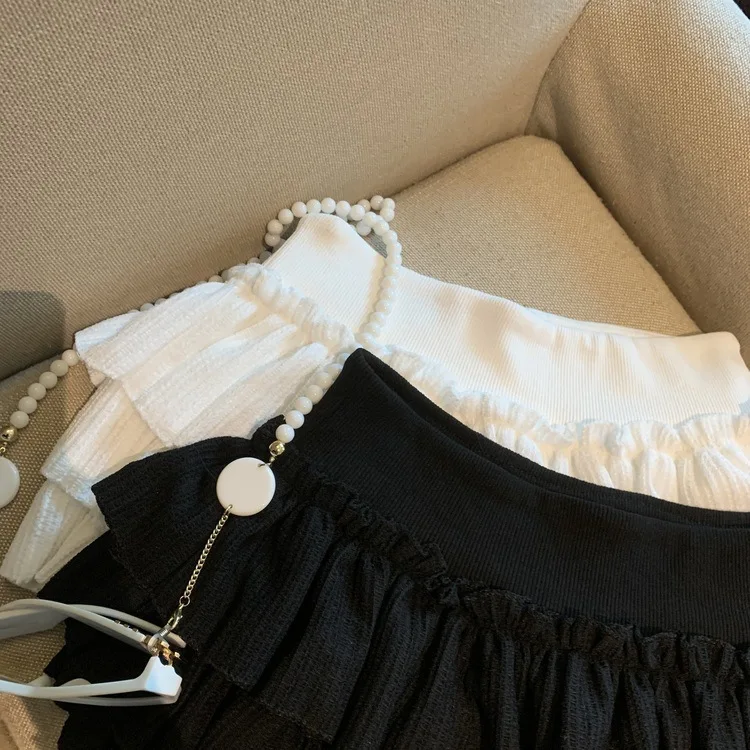 Sweet Puffy White Mini Skirt for Women Korean Harajuku Style Ruched Ruffle Skirts Woman Casual Campus Elastic Waist A-line Skirt