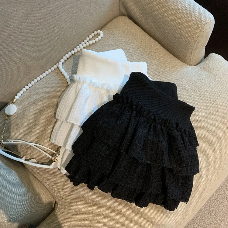 Sweet Puffy White Mini Skirt for Women Korean Harajuku Style Ruched Ruffle Skirts Woman Casual Campus Elastic Waist A-line Skirt