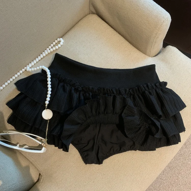 Sweet Puffy White Mini Skirt for Women Korean Harajuku Style Ruched Ruffle Skirts Woman Casual Campus Elastic Waist A-line Skirt