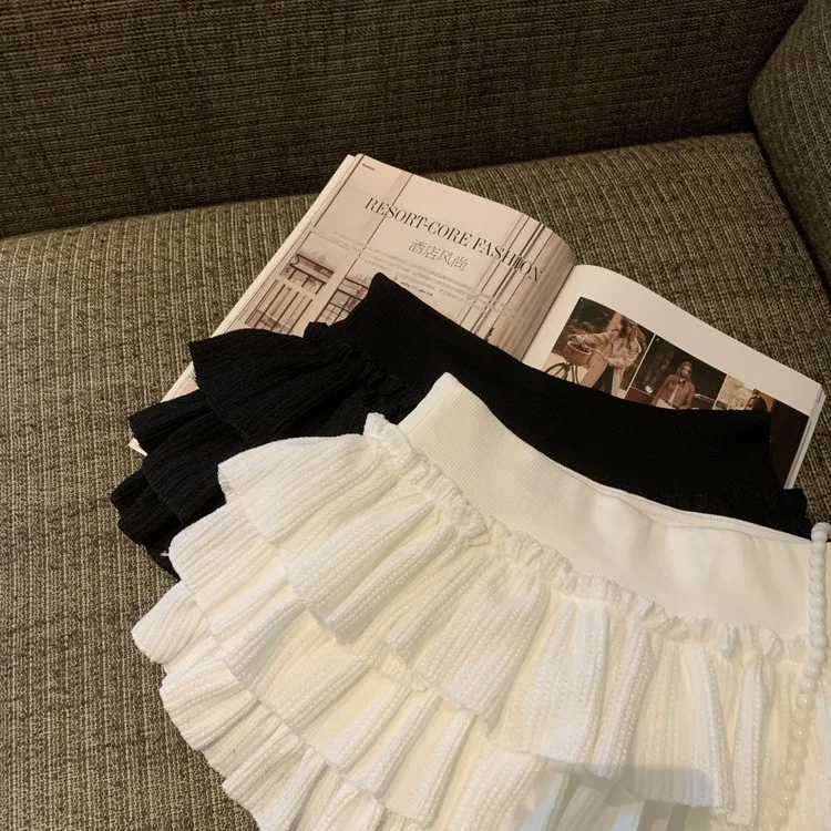 Sweet Puffy White Mini Skirt for Women Korean Harajuku Style Ruched Ruffle Skirts Woman Casual Campus Elastic Waist A-line Skirt