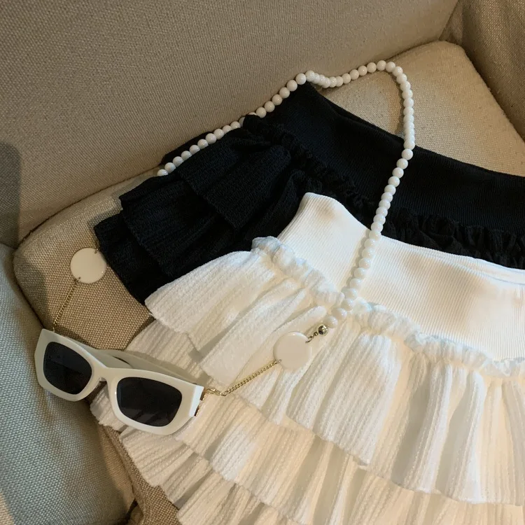 Sweet Puffy White Mini Skirt for Women Korean Harajuku Style Ruched Ruffle Skirts Woman Casual Campus Elastic Waist A-line Skirt