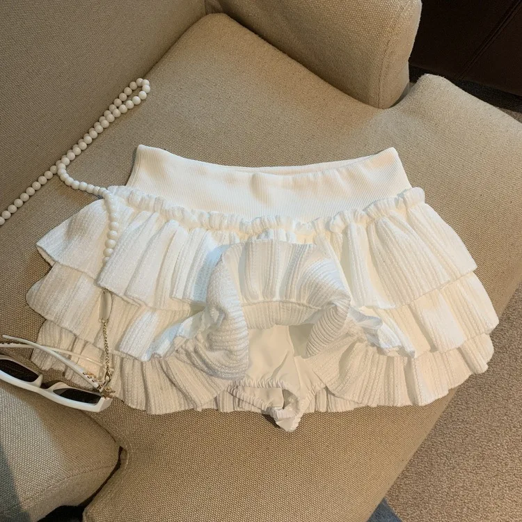 Sweet Puffy White Mini Skirt for Women Korean Harajuku Style Ruched Ruffle Skirts Woman Casual Campus Elastic Waist A-line Skirt