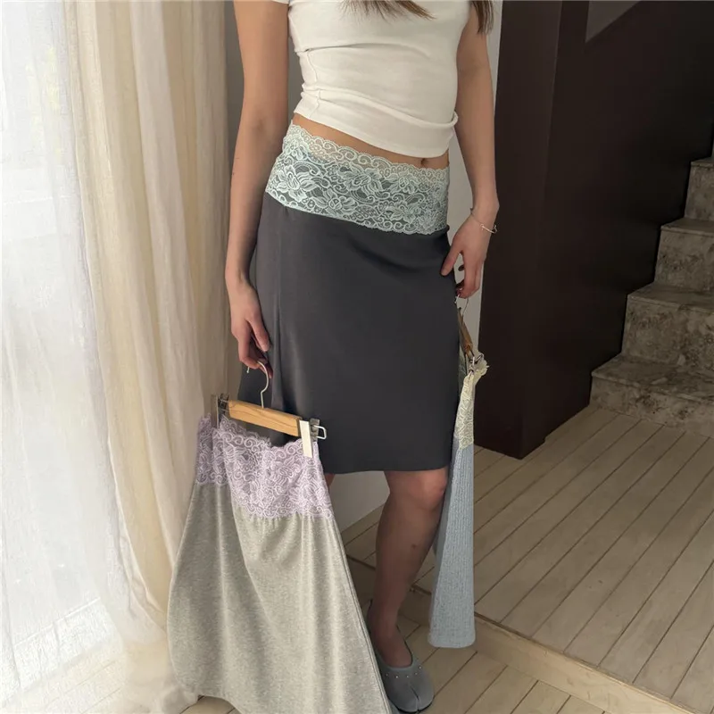 Women Vintage Lace Trim Y2K Mini Skirts Low Waist Fold Over Aesthetic Striped Patchwork Slim Fits Going Out Skirts Streetwear