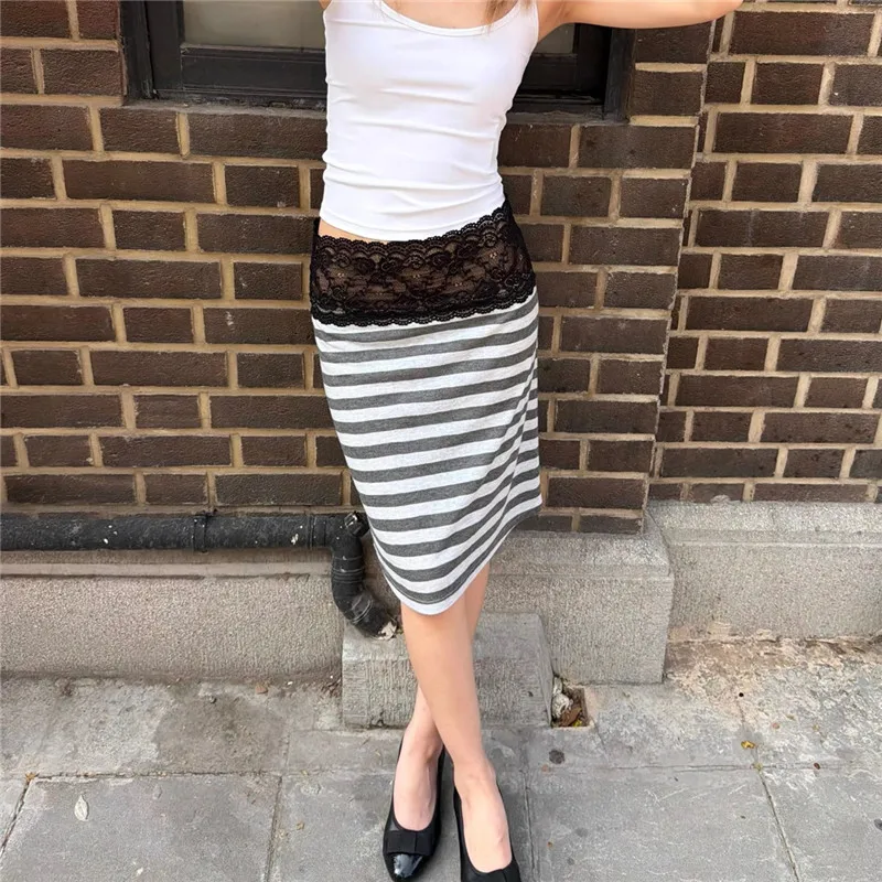 Women Vintage Lace Trim Y2K Mini Skirts Low Waist Fold Over Aesthetic Striped Patchwork Slim Fits Going Out Skirts Streetwear