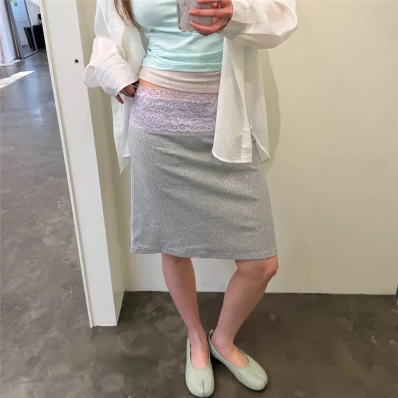 Women Vintage Lace Trim Y2K Mini Skirts Low Waist Fold Over Aesthetic Striped Patchwork Slim Fits Going Out Skirts Streetwear