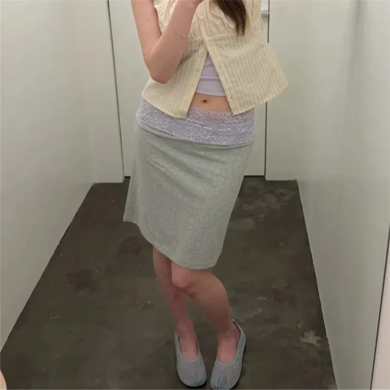 Women Vintage Lace Trim Y2K Mini Skirts Low Waist Fold Over Aesthetic Striped Patchwork Slim Fits Going Out Skirts Streetwear