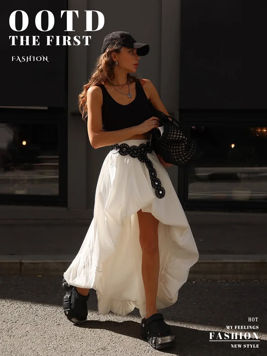 Bornladies Cotton Women's 2026 Spring Summer New Midi Skirt Street Fashion Irregular Ruched Bud Design Half Skirt