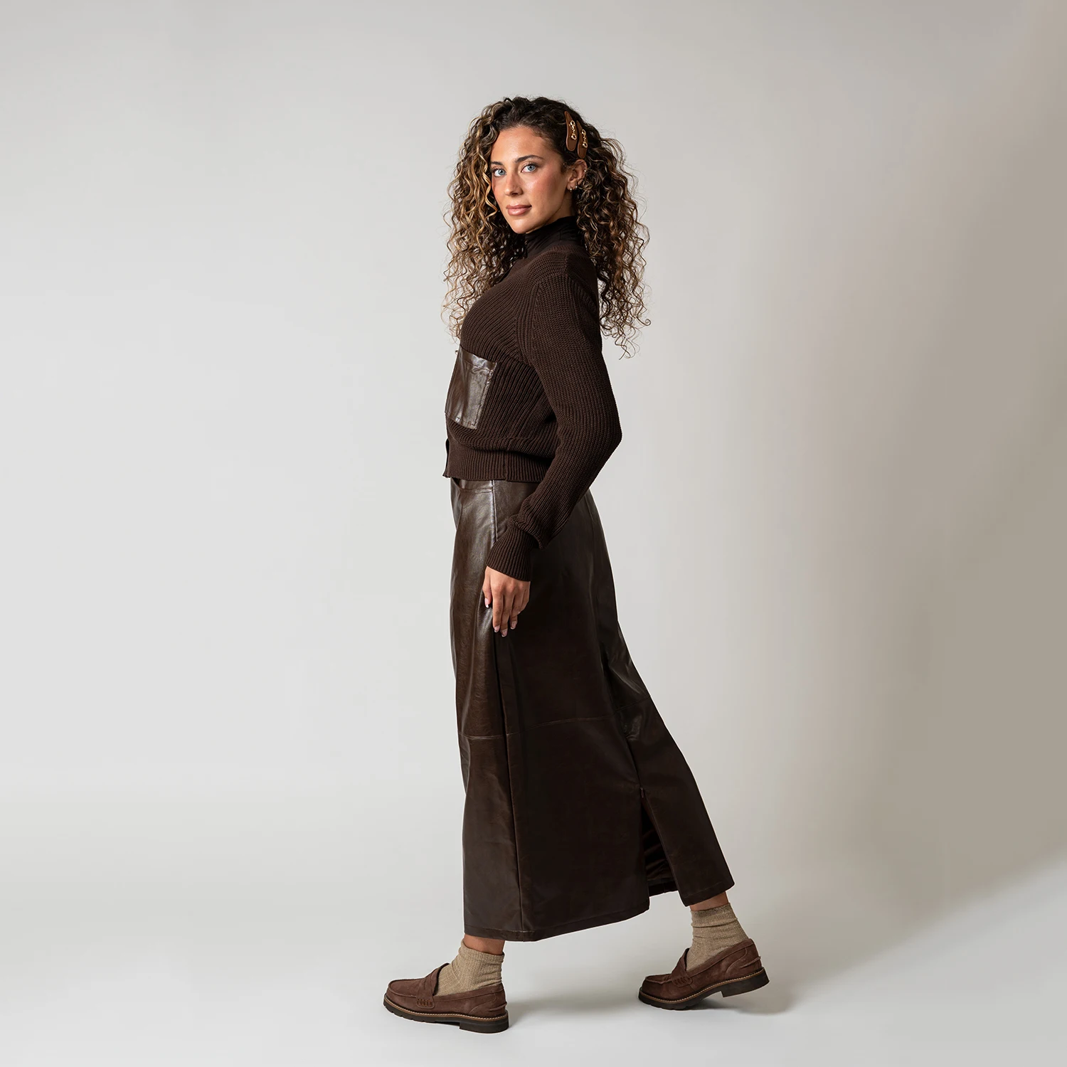 AP AW26 Women Leather Skirt and Leather Patch Cardigan Fashion Style