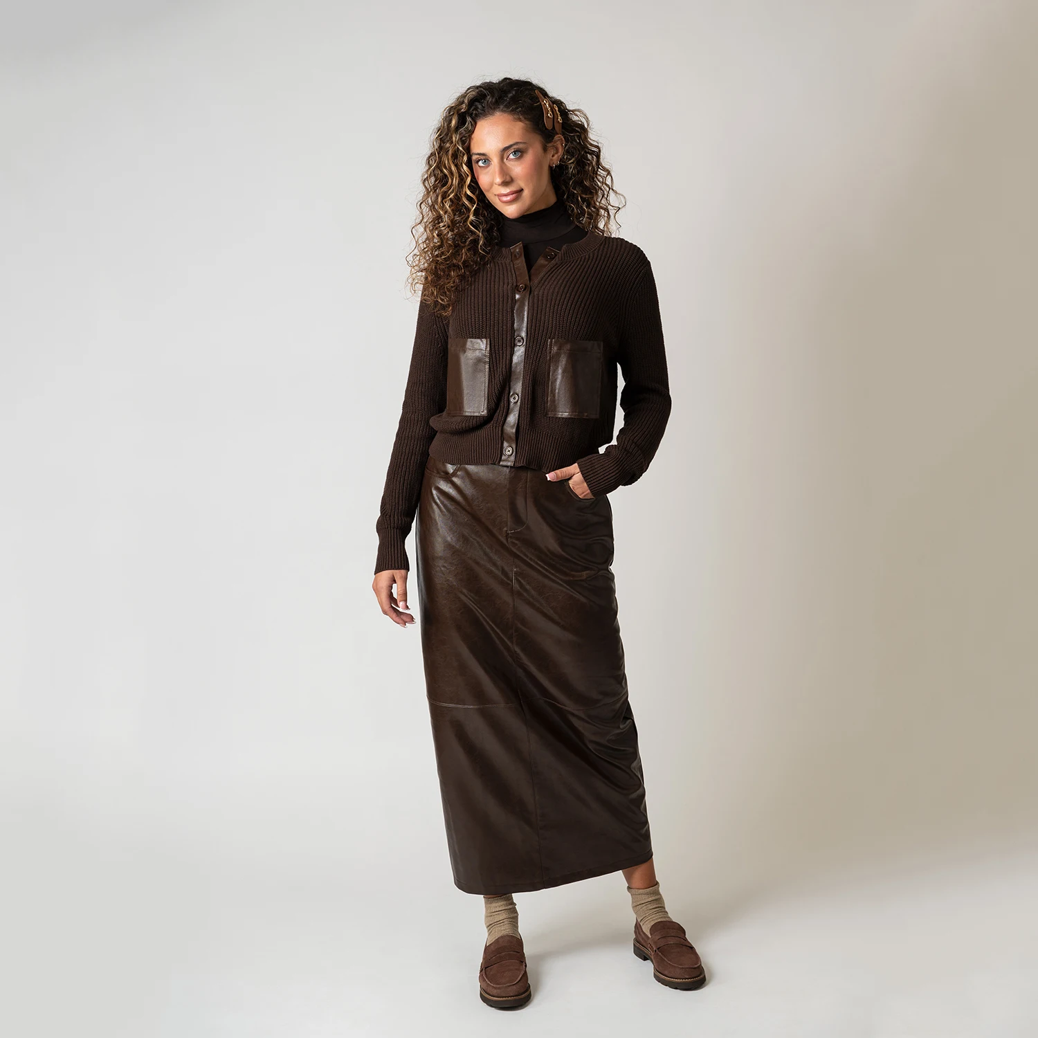 AP AW26 Women Leather Skirt and Leather Patch Cardigan Fashion Style
