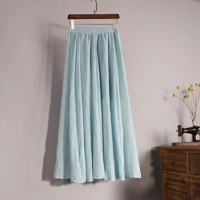Women's Elegant 16 Color High Waist Elastic Waist Linen Pleated Long Skirts Ladies Slim Casual Skirt Saias New 2026 Summer SK05