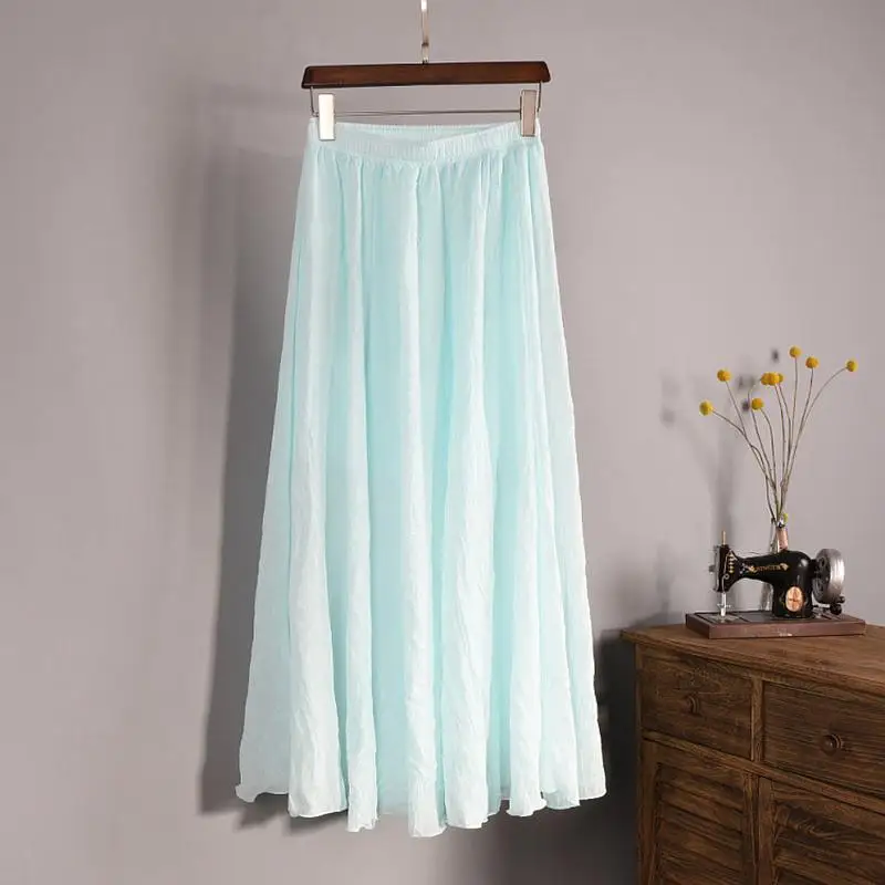 Women's Elegant 16 Color High Waist Elastic Waist Linen Pleated Long Skirts Ladies Slim Casual Skirt Saias New 2026 Summer SK05