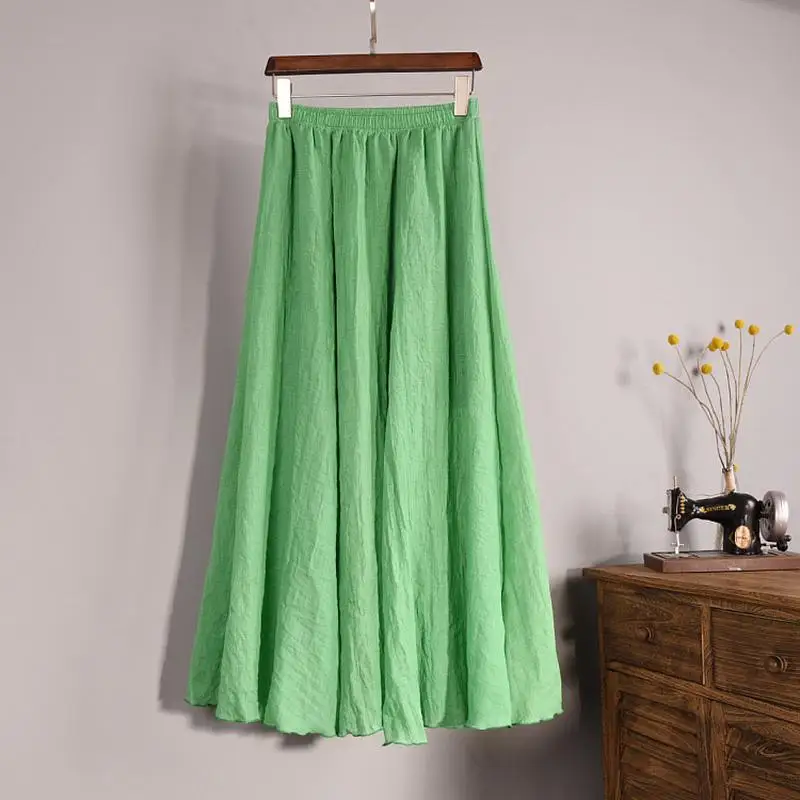 Women's Elegant 16 Color High Waist Elastic Waist Linen Pleated Long Skirts Ladies Slim Casual Skirt Saias New 2026 Summer SK05