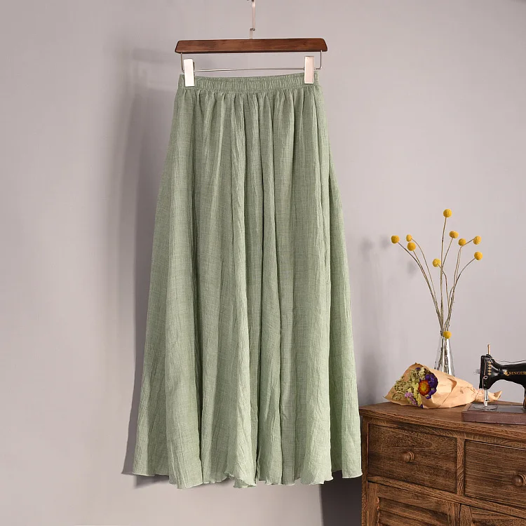Women's Elegant 16 Color High Waist Elastic Waist Linen Pleated Long Skirts Ladies Slim Casual Skirt Saias New 2026 Summer SK05