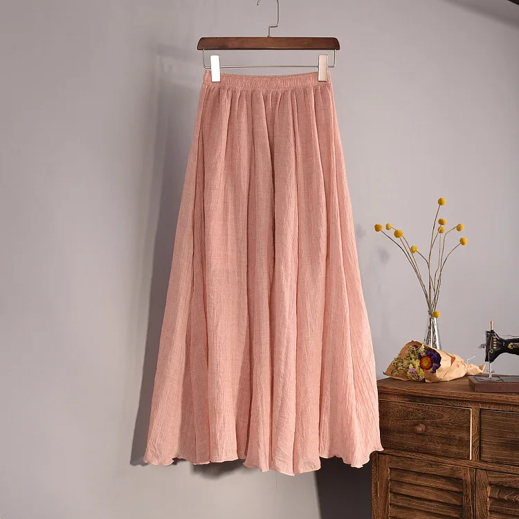 Women's Elegant 16 Color High Waist Elastic Waist Linen Pleated Long Skirts Ladies Slim Casual Skirt Saias New 2026 Summer SK05