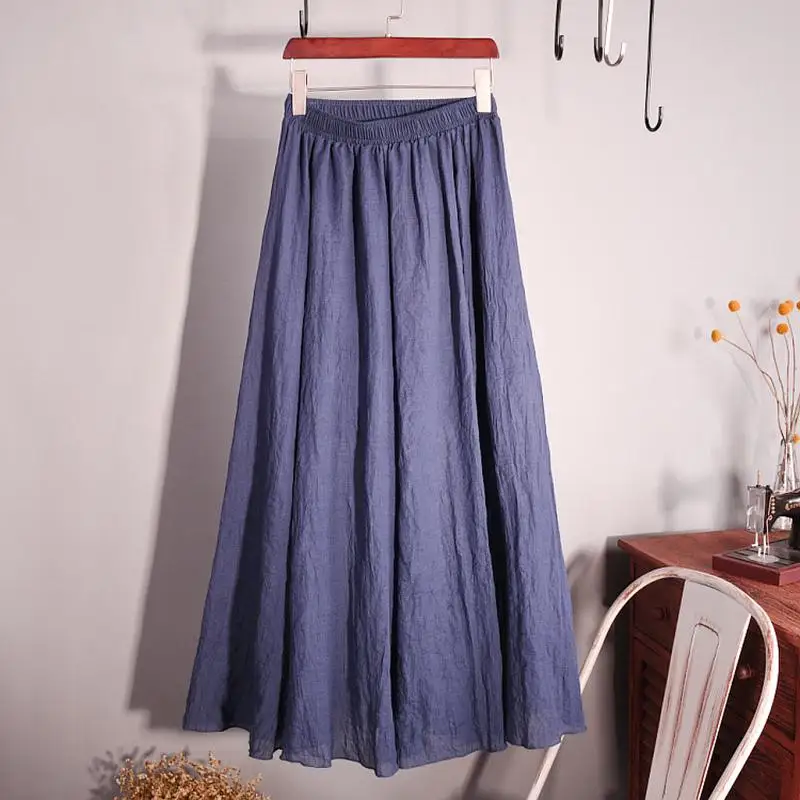 Women's Elegant 16 Color High Waist Elastic Waist Linen Pleated Long Skirts Ladies Slim Casual Skirt Saias New 2026 Summer SK05