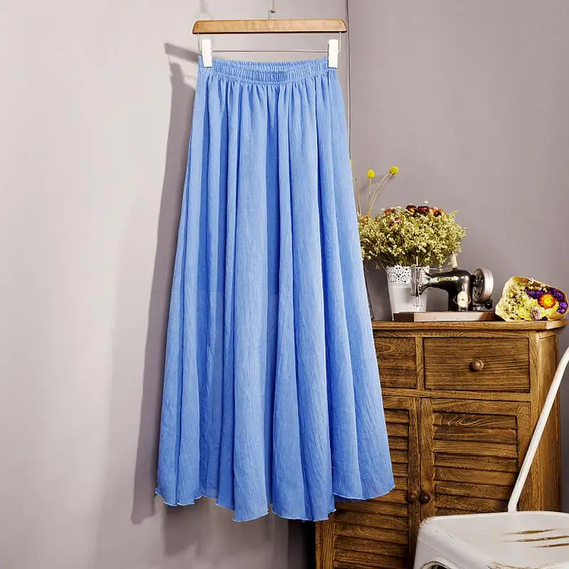 Women's Elegant 16 Color High Waist Elastic Waist Linen Pleated Long Skirts Ladies Slim Casual Skirt Saias New 2026 Summer SK05