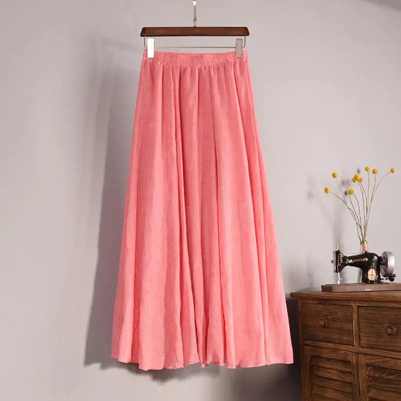 Women's Elegant 16 Color High Waist Elastic Waist Linen Pleated Long Skirts Ladies Slim Casual Skirt Saias New 2026 Summer SK05