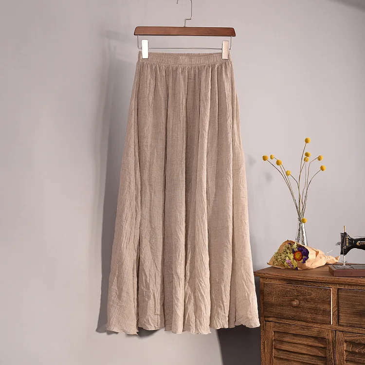 Women's Elegant 16 Color High Waist Elastic Waist Linen Pleated Long Skirts Ladies Slim Casual Skirt Saias New 2026 Summer SK05