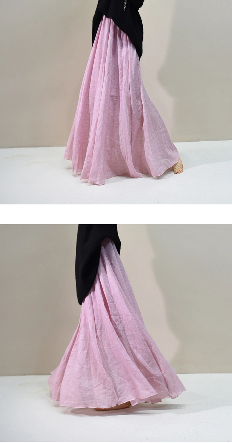 Women's Elegant 16 Color High Waist Elastic Waist Linen Pleated Long Skirts Ladies Slim Casual Skirt Saias New 2026 Summer SK05