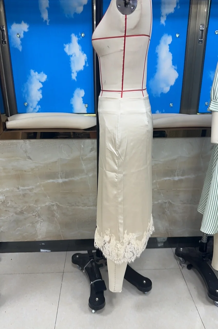 hirigin Women Silk Satin Half Slip Long Skirts Lace Patchwork Elastic Waist Long Skirt Elegant Silky Flowy A Line Midi Skirts